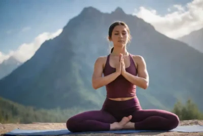 Una persona practicando yoga posa al aire libre con un fondo de montaña.