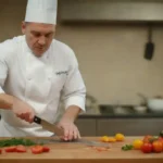Chef demostrando técnicas de cuchillo en una cocina vibrante llena de ingredientes frescos.