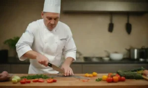 Chef demostrando técnicas de cuchillo en una cocina vibrante llena de ingredientes frescos.