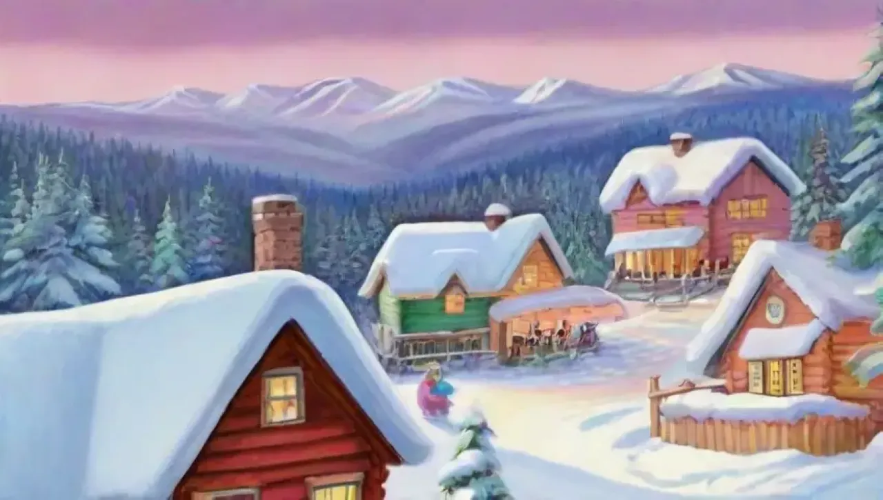 Un paisaje invernal lleno de montañas nevadas, cabañas acogedoras y niños jugando en la nieve