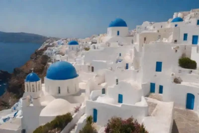 Vistas impresionantes de los edificios blancos de Santorinis y cúpulas azules