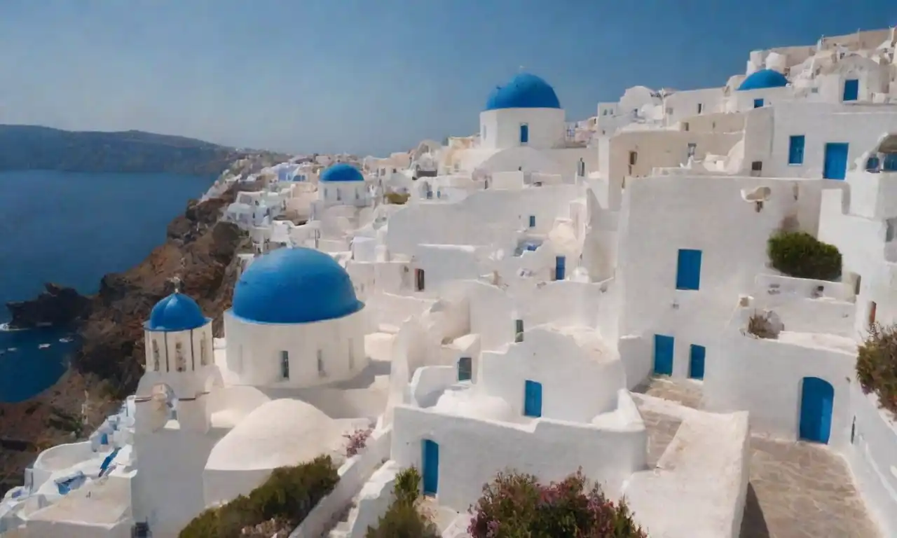 Vistas impresionantes de los edificios blancos de Santorinis y cúpulas azules