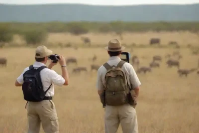 Los turistas que observan fauna silvestre mientras guías explican los esfuerzos de conservación y establecen expectativas realistas.