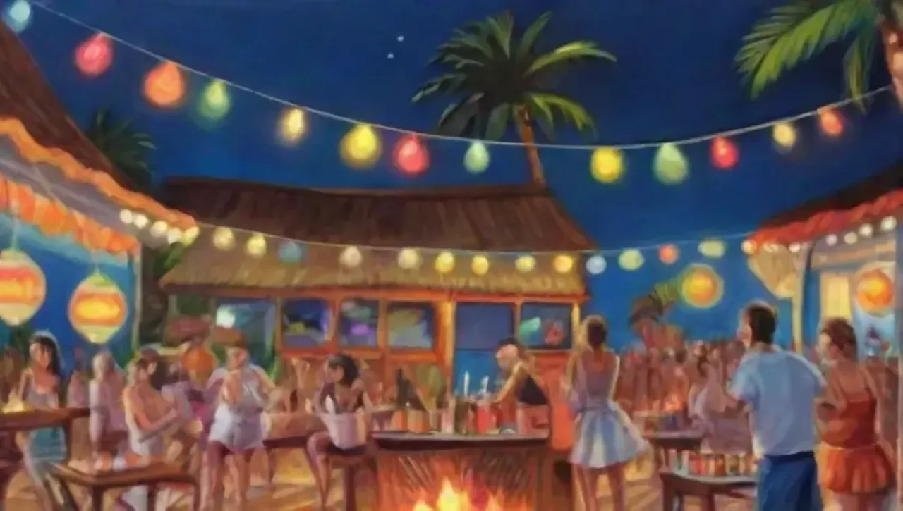 Un animado club de playa lleno de música, risas y atardeceres vibrantes