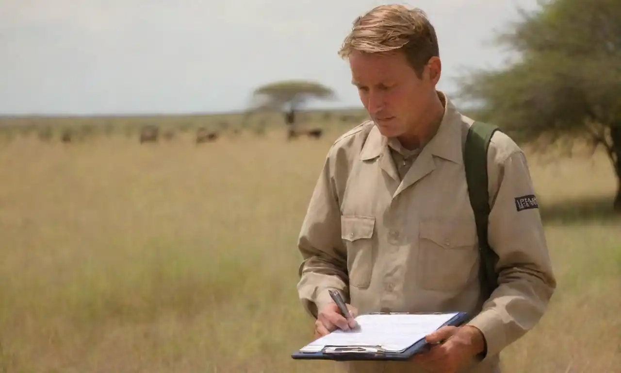 Persona revisando las credenciales de los operadores safari con un portapapeles en un entorno de fauna escénica.