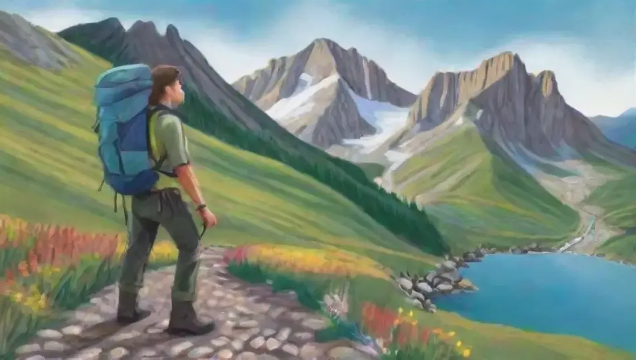 Un paisaje montañoso vibrante con un sendero, un excursionista preparado y la promesa de aventura