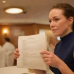 Funcionario que revisa las solicitudes especiales de dieta con un menú en un crucero.