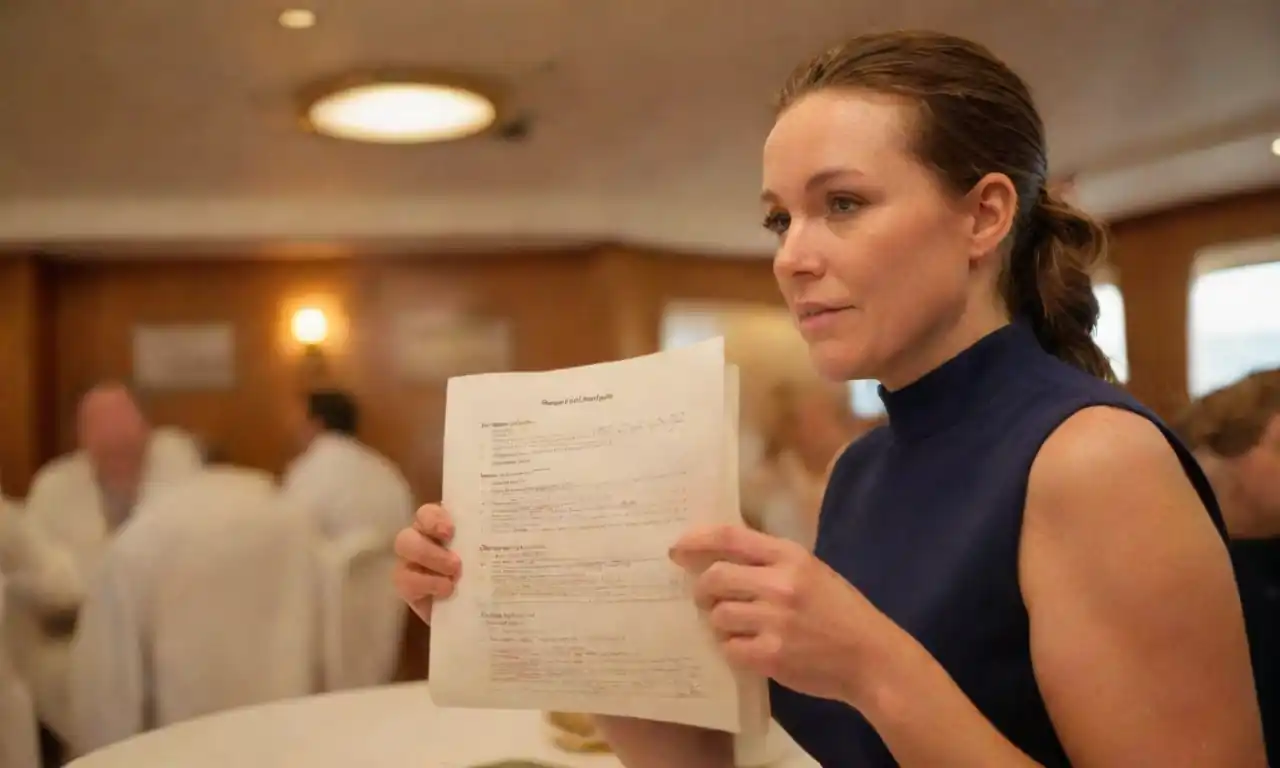 Funcionario que revisa las solicitudes especiales de dieta con un menú en un crucero.