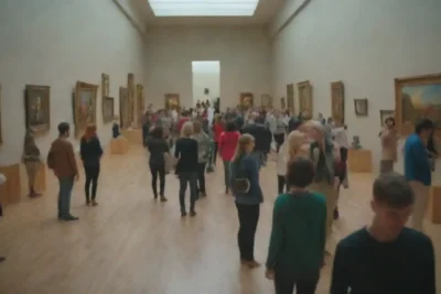 Grupos de personas colaborando en un proyecto dentro de un museo de arte