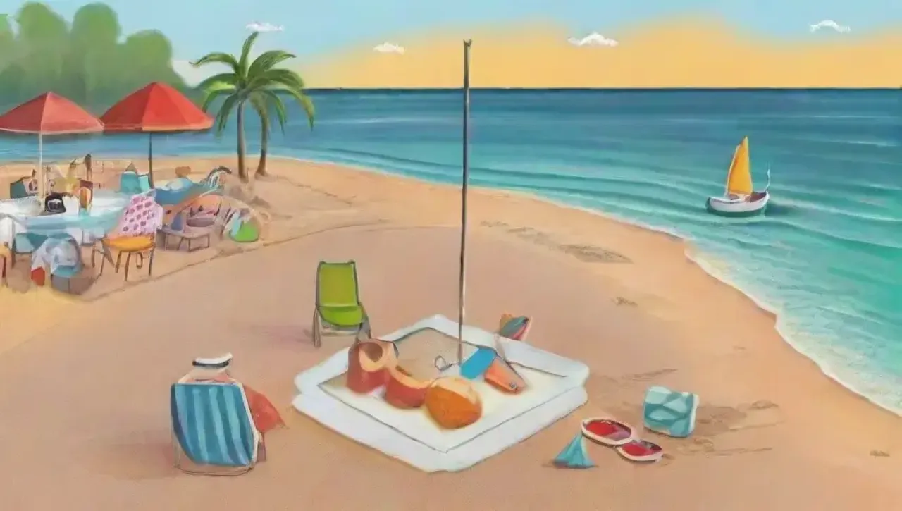 Una escena vibrante de playa al atardecer con familias