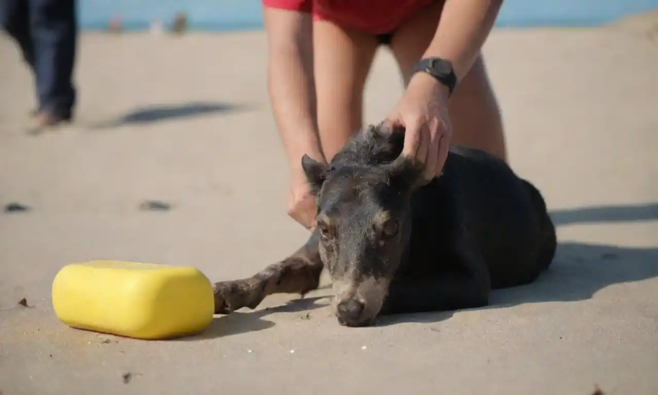 Una persona manejando suavemente un animal herido en la playa de arena