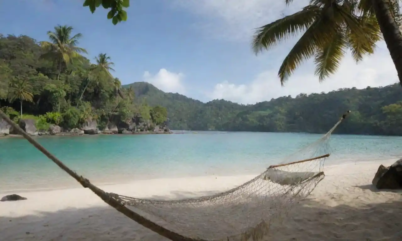 Una escena de playa serena en Bali con una hamaca