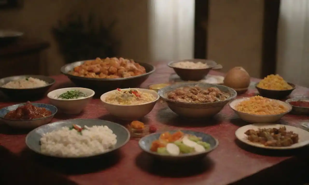 Una mesa con platos tradicionales rodeados de ingredientes y artefactos culturales.