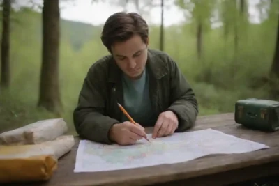 Un viajero empacando artículos reutilizables y estudiando un mapa rodeado de naturaleza.
