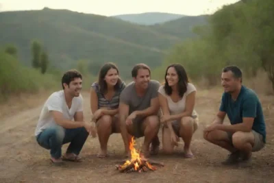 Grupo de amigos compartiendo risas alrededor de una fogata en un paisaje pintoresco.