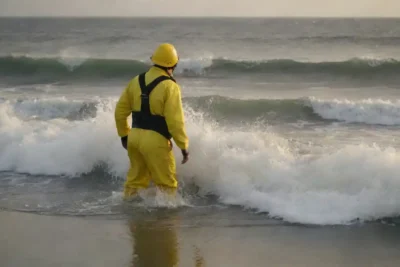 Persona practicando medidas de seguridad en la playa durante la marea alta
