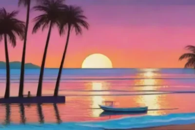 Un atardecer en la playa con palmeras