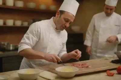 Chef capturando la preparación paso a paso de un plato tradicional con notas e ingredientes mostrados.