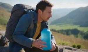 Viajero utilizando una botella de agua reutilizable frente a un paisaje pintoresco.