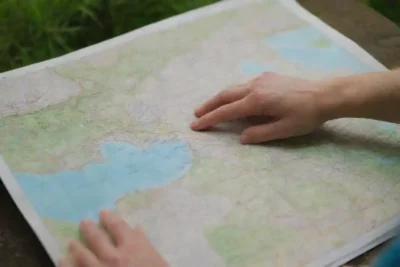 Persona examinando un mapa con opciones de recorrido ecológicas en medio de la naturaleza.