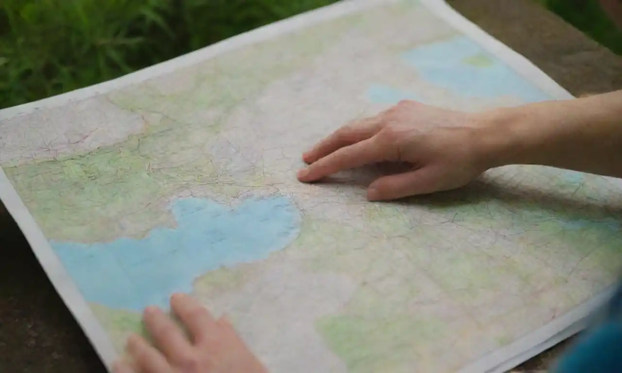 Persona examinando un mapa con opciones de recorrido ecológicas en medio de la naturaleza.