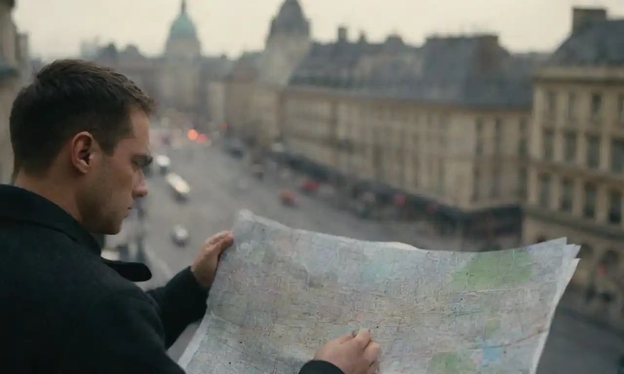 Persona estudiando un mapa mientras estaba rodeada de lugares de interés y calles ocupadas.