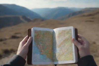 Persona mirando en un hermoso mapa de paisaje con una cámara y un diario.