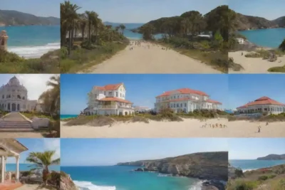 Collage of vibrant museums near a sunny beach