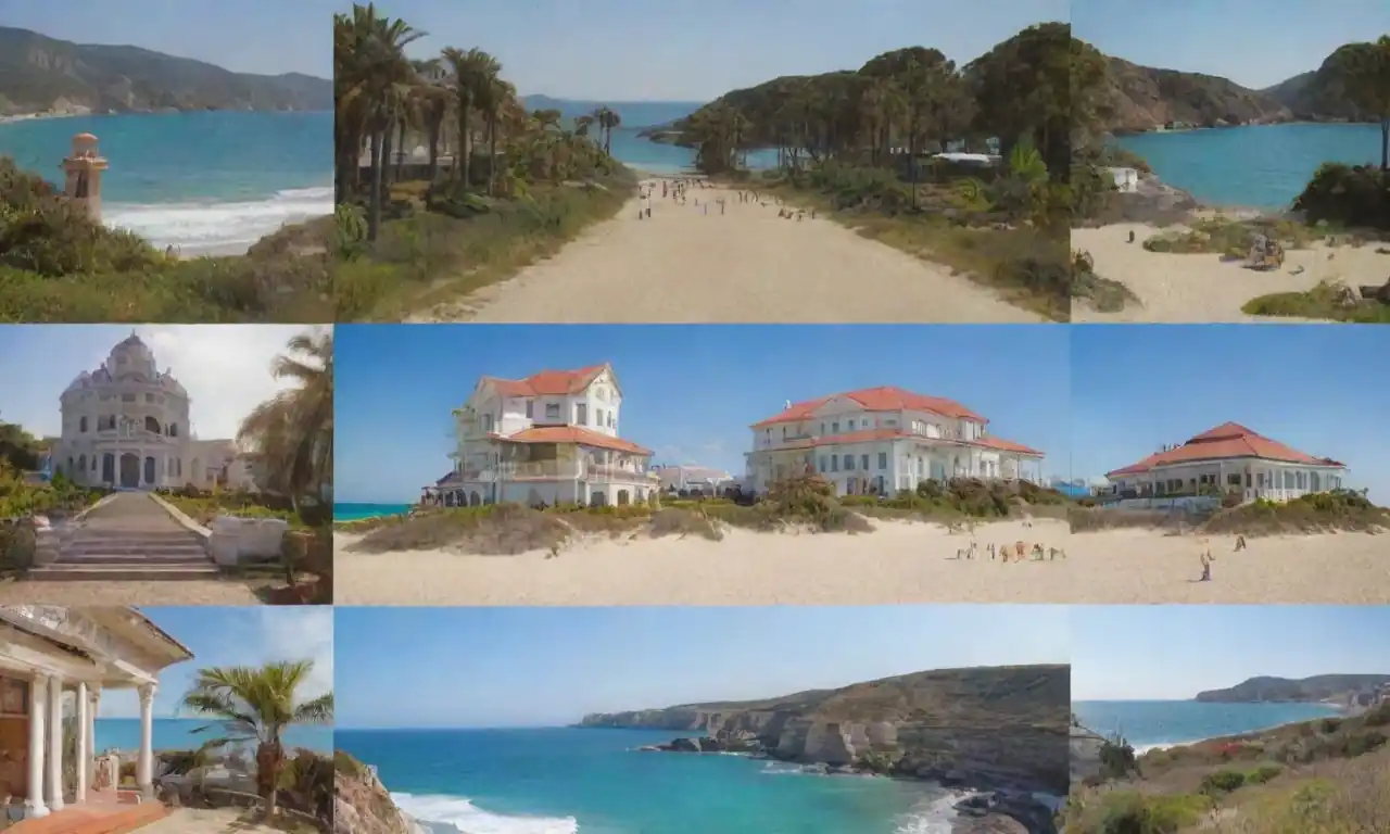 Collage of vibrant museums near a sunny beach