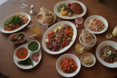 Una mesa con ingredientes y platos locales coloridos y frescos que encarnan la filosofía de Slow Food.