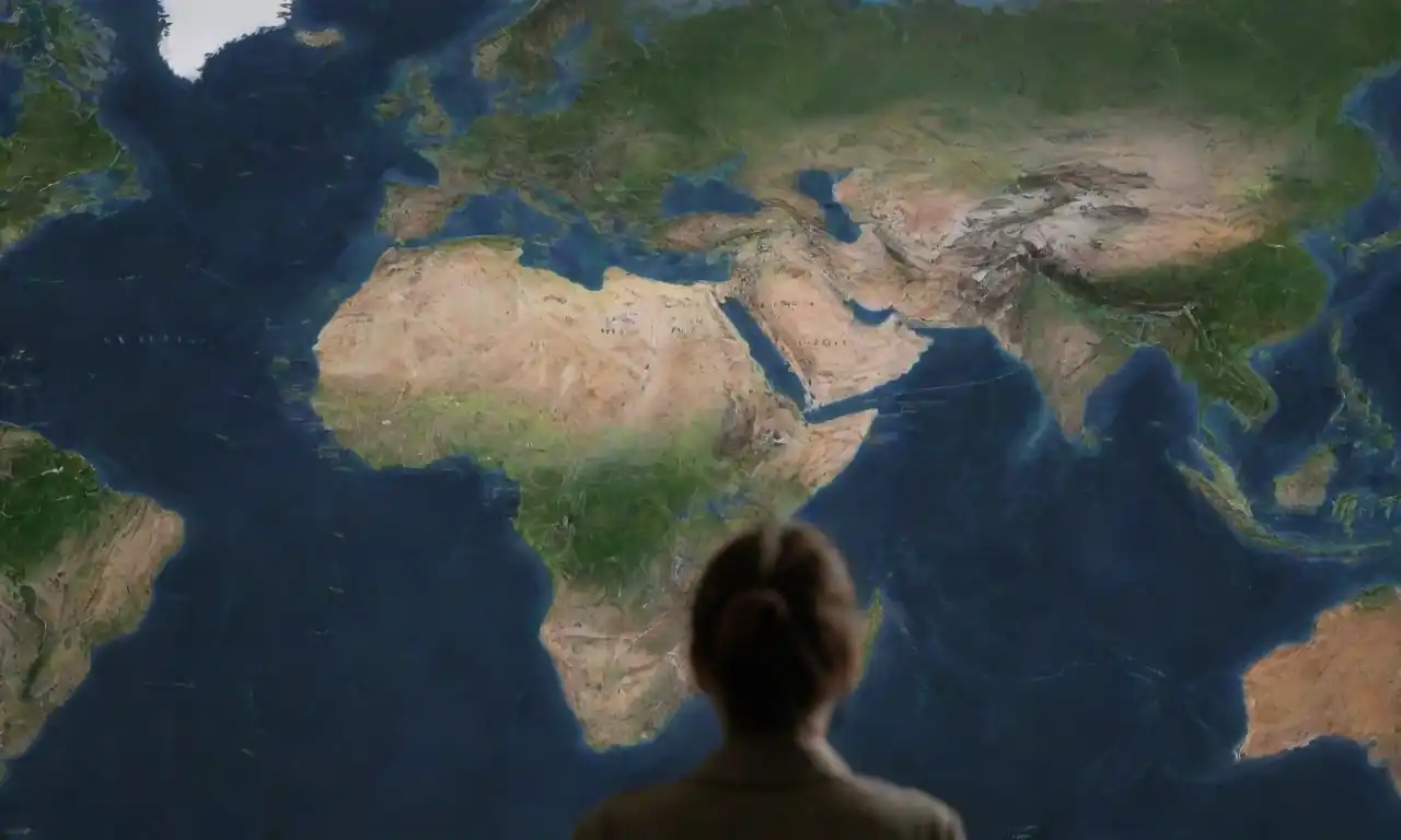 Mapa con rutas migratorias destacadas con varios animales y un investigador que observa vida silvestre.