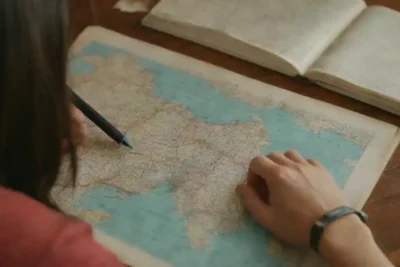 Una persona revisando una guía de viaje mientras planea su aventura con un mapa y una brújula.