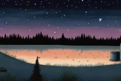 Una noche estrellada y tranquila junto a un lago