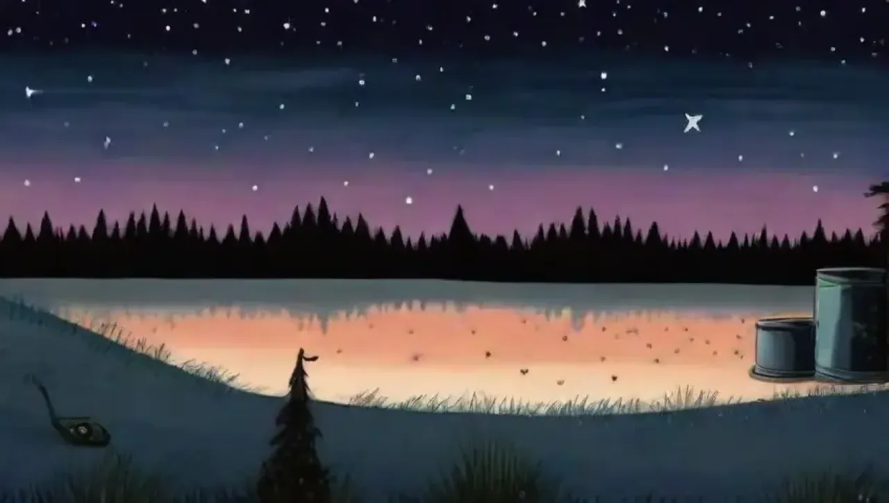 Una noche estrellada y tranquila junto a un lago