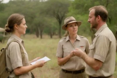 Los turistas y guías intercambian ideas mientras observan la fauna en un exuberante escenario safari.