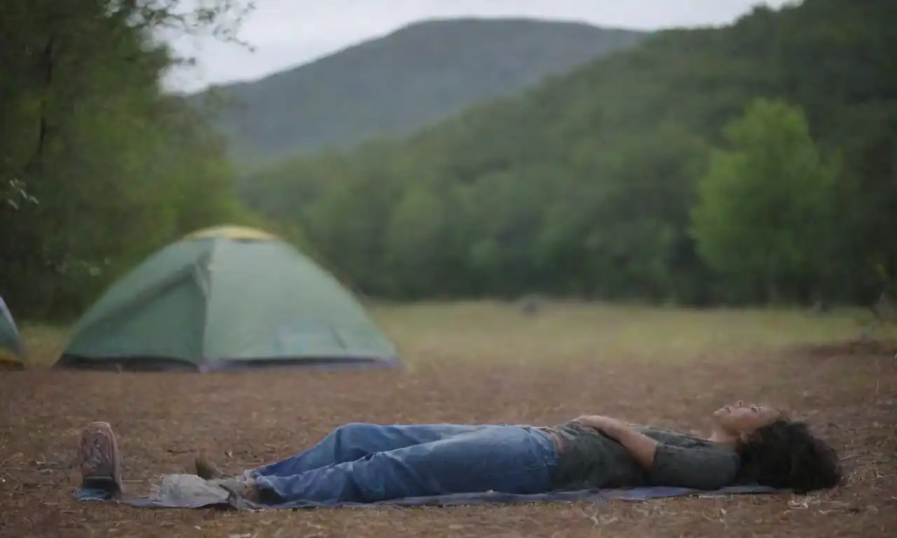 Persona descansando en un campamento con un paisaje natural de fondo.
