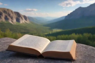 Paisaje escénico de montaña con un libro abierto que descansa sobre una roca