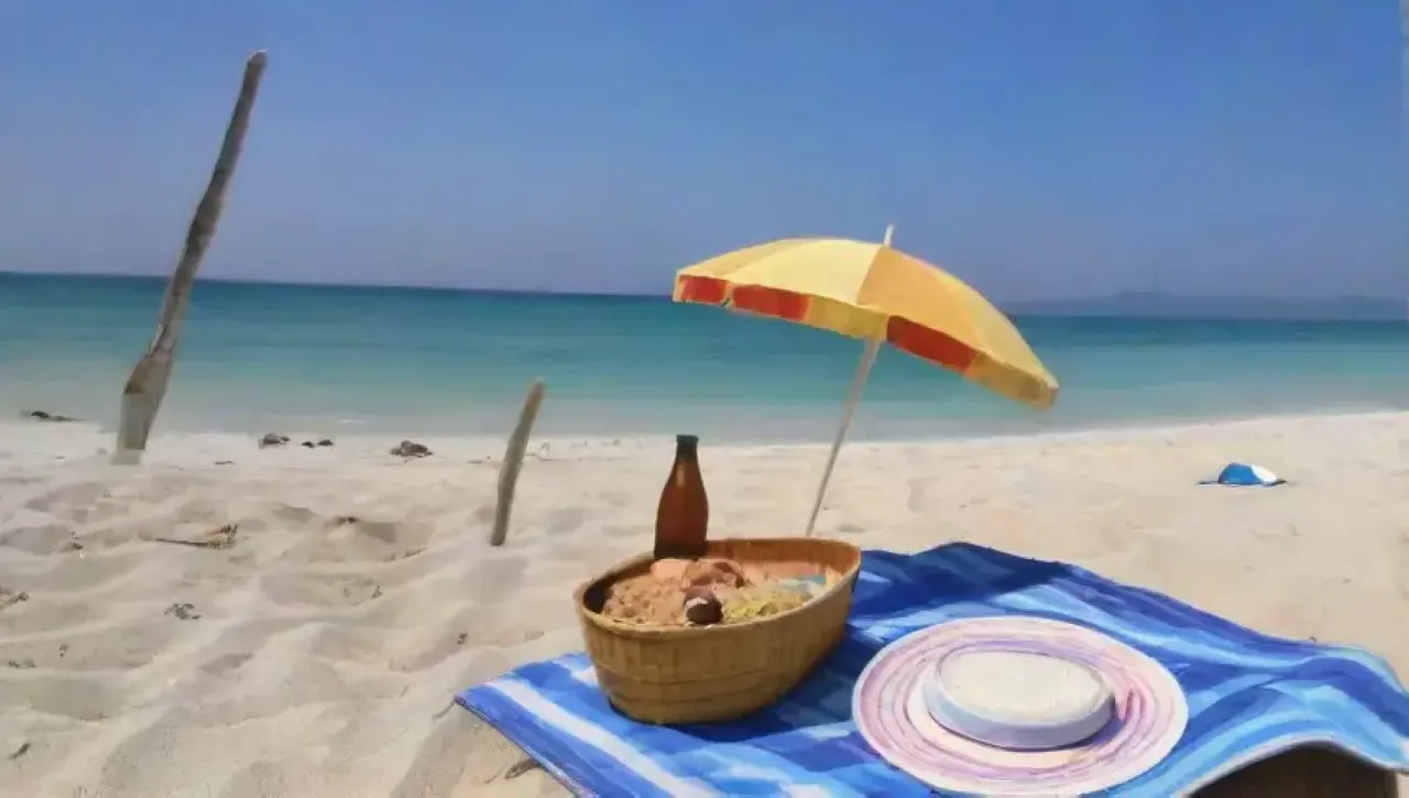 Una escena de playa serena llena de elementos que evocan aventura y relajación