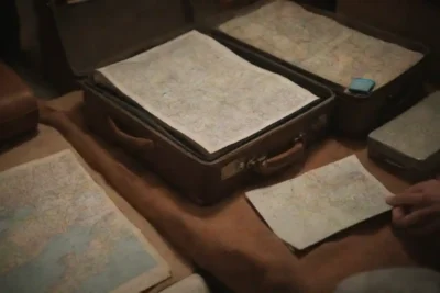Un viajero empacando eficientemente con una lista de verificación junto a una maleta y un mapa.