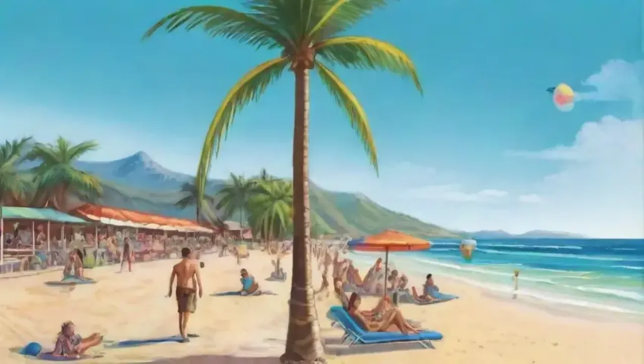 Un día de playa vibrante con sol, olas, palmeras y diversión