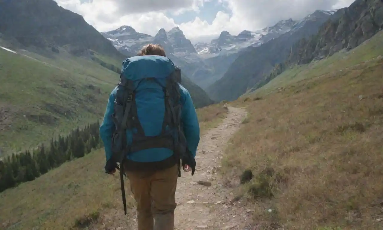 Hiker con una mochila grande en un sendero pintoresco rodeado de montañas.