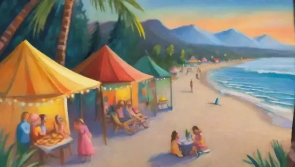 Escena playera vibrante con familias