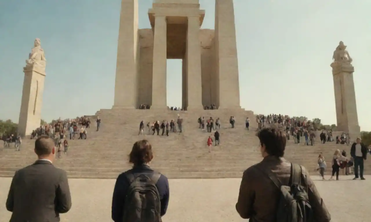 Personas interactuando y compartiendo experiencias frente a un monumento icónico.