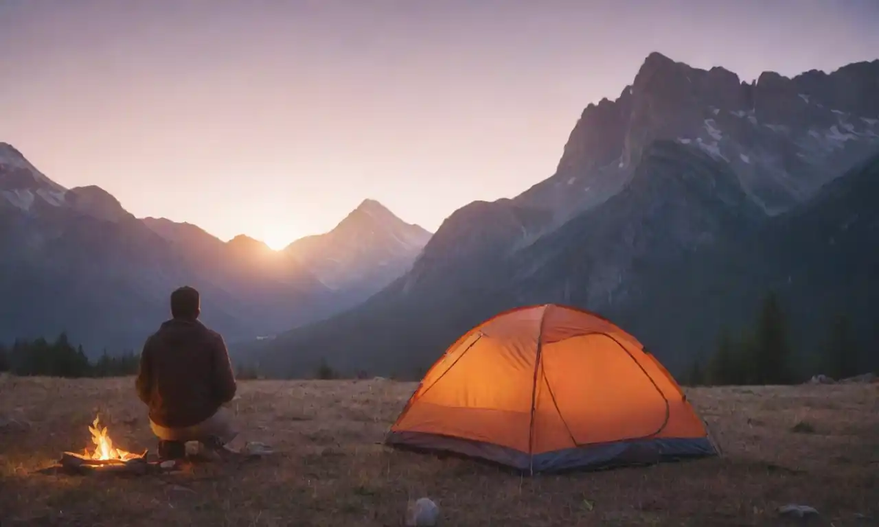 Un viajero disfrutando de un acogedor camping con impresionantes vistas a la montaña al atardecer.