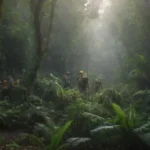 Una vibrante escena de la selva con exploradores navegando a través de vegetación densa y fauna exótica.