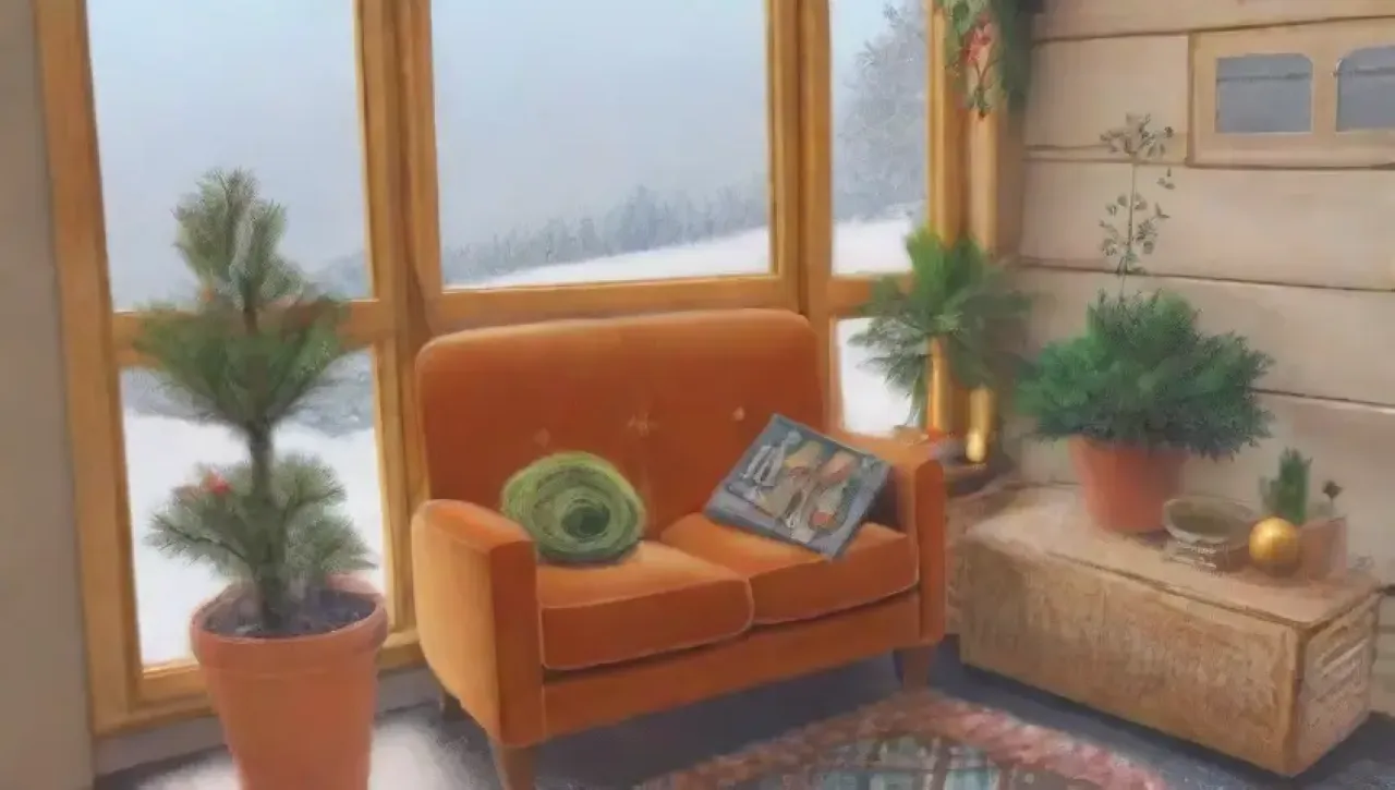 Una sala acogedora con tonos cálidos, chimenea, mantas suaves, té caliente y un ambiente que invita a la relajación y la salud