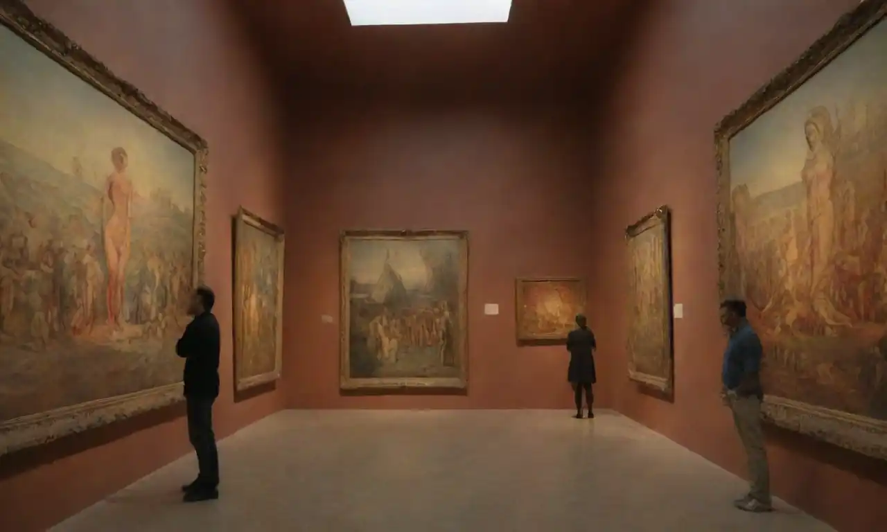 Una analista revisando gráficos y estadísticas junto a obras de arte en un museo.