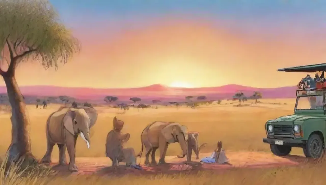 Una familia disfruta de un safari vibrante bajo un cielo estrellado