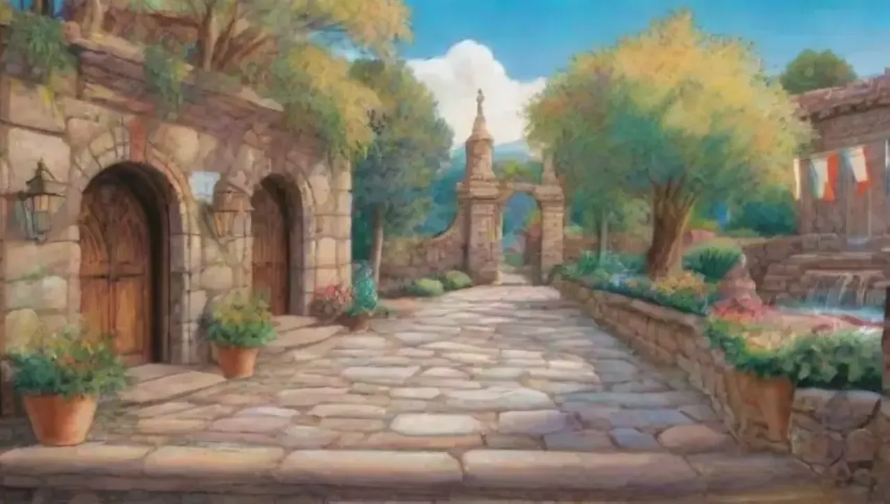 Un mural vibrante rodeado de ruinas antiguas, naturaleza y visitantes emocionados