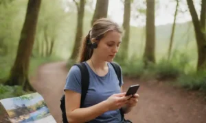 Una persona en un teléfono rodeado de naturaleza